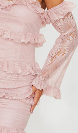 LACE TIERED FRILL DETAIL BARDOT BODYCON DRESS IN DUSTY PINK Dresses styleofcb