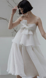 SUSPENDER BOW STRAPLESS SEERSUCKER DRESS IN WHITE styleofcb