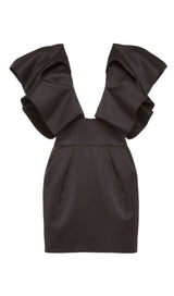 DEEP V THREE-DIMENSIONAL SHOULDER DESIGN DRESS IN BLACK styleofcb