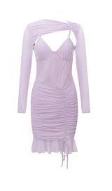 IRREGULAR CUT FISH BONE LOTUS LEAF FOLD DRESS IN MAUVE styleofcb