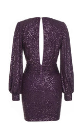 GLITTER PLEATS BIG V-NECK WRAP HIP DRESS IN PURPLE styleofcb