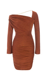 GLIT PLEATED OBLIQUE SHOULDER DRESS IN BROWN styleofcb