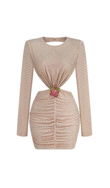 LONG-SLEEVE CREW NECK GLITTER MINI DRESS IN MAHOGANY WOOD styleofcb