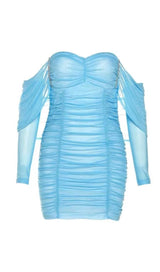 OFF SHOULDER MESH SKINNY MINI DRESS IN LIGHT BLUE styleofcb
