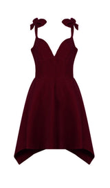 BOW SHOULDER STRAP VELVET SUSPENDER DRESS IN BURGUNDY styleofcb