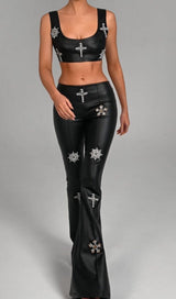 CRYSTAL EMBELLISHMENTS LEATHER TWO PIECE SUIT IN BLACK styleofcb