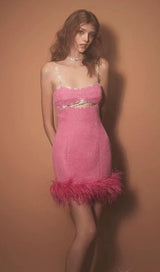 CUT OUT CRYSTAL FEATHER MINI DRESS IN HOT PINK Dresses styleofcb