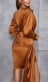 IRREGULAR RUFFLED BUTTOCK WRAP DRESS IN CARAMEL styleofcb