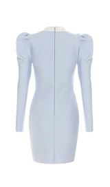 BANDAGE PUFF SLEEVE PEARL BUTTON ELEGANT MINI DRESS IN LIGHT BLUE styleofcb