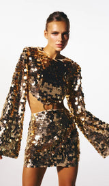 SPARKLING LONG SLEEVE MINI DRESS IN GOLD styleofcb