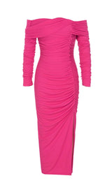 PLEATED OFF SHOULDER HIGH SPLIT DRESS IN BRIGHT PINK styleofcb