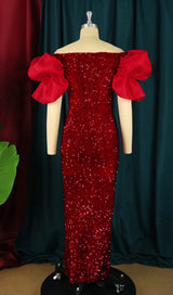 EXAGGERATED SLEEVES SLIM SEQUIN MAXI DRESS IN RED styleofcb