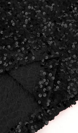 SEQUIN PUFF SLEEVE ONE NECK WAIST MAXI DRESS IN BLACK styleofcb