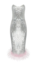 STRAPLESS SEQUIN FEATHER MIDI DRESS IN SILVER Dresses styleofcb