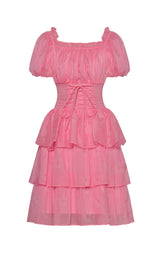 PUFF SLEEVE TIERED MIDI DRESS IN PINK styleofcb