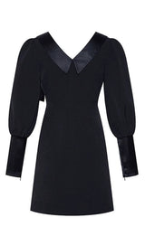 DIAMOND-BUTTON BOW LATERN SLEEVE IRREGULAR SUIT DRESS IN BLACK styleofcb