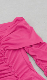 PLEATED OFF SHOULDER HIGH SPLIT DRESS IN BRIGHT PINK styleofcb