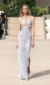 SEQUIN DEEP V CUTOUT MAXI DRESS IN WHITE styleofcb