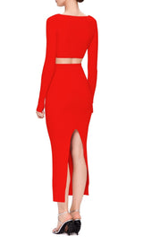 CUTOUT LONG SLEEVE MIDI DRESS IN RED styleofcb