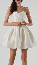 RHINESTONE SUSPENDER PLEATED DRESS IN BEIGE styleofcb