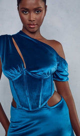 VELVET SLANT SHOULDER HIGH WAIST SPLIT MAXI DRESS IN TREASURE BLUE styleofcb