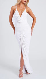 FLOWER-EMBELLISHED PLUNGE MAXI DRESS IN WHITE DRESS STYLE OF CB