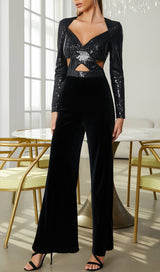 VELVET SEQUIN CUT-OUT FLOOR-LENGTH JUMPSUIT IN BLACK styleofcb