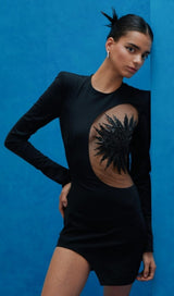 EMBELLISHED LONG SLEEVE BANDAGE MINI DRESS IN BLACK styleofcb