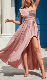 POLYESTER SEQUINS SLEEVELESS RUFFLE DRESS IN PINK styleofcb