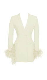Madeline Pearl White Feather Trim Blazer Dress styleofcb