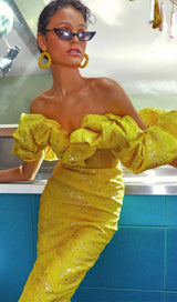 JACQUARD STRAPLESS MIDI DRESS IN YELLOW Dresses styleofcb