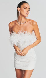 SEQUIN FEATHER STRAPLESS MINI DRESS IN WHITE styleofcb