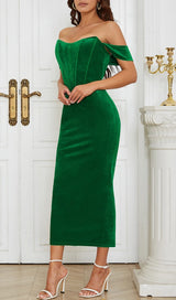 OFF SHOULDER CORSET MIDI DRESS IN GREEN styleofcb