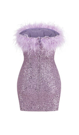 SEQUIN FEATHER STRAPLESS MINI DRESS IN PURPLE styleofcb