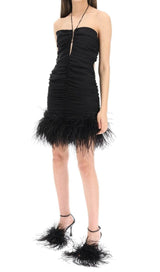 SEXY STRETCH OFF-SHOULDER FEATHER MINI DRESS IN BLACK styleofcb