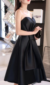 STRAPLESS SATIN MIDI DRESS IN BLACK styleofcb