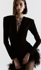 LONG SLEEVES FEATHER MINI DRESS IN BLACK styleofcb