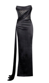 HOLLY BLACK CRYSTALLIZED CORSET HIGH SLIT SATIN GOWN Dresses styleofcb