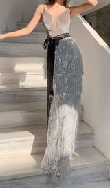 VELVET TASSEL SEXY TIE-DOWN MAXI DRESS IN GREY styleofcb