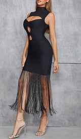 SLEEVELESS HOLLOWED OUT FRINGE DRESS IN BLACK styleofcb