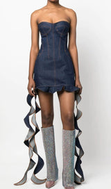 STRAPLESS DRAPED RUFFLE DENIM DRESS Dresses Oh CICI
