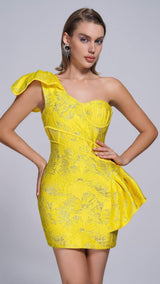 JACQUARD ONE SHOULDER MINI DRESS IN YELLOW Dresses styleofcb
