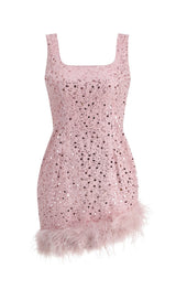 PINK FEATHER SEQUIN DRESS styleofcb