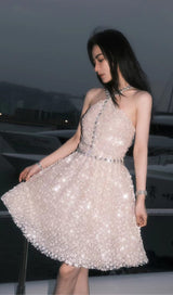 CRYSTAL HALTER MINI DRESS IN WHITE DRESS STYLE OF CB
