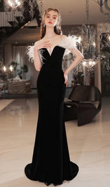 ELEGANT FEATHER OFF SHOULDER FISHTAIL MAXI DRESS IN BLACK styleofcb