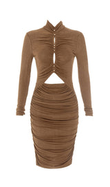CARAMEL TURTLENECK WAIST HOLLOW PLEATED DRESS styleofcb