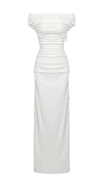 SLASH NECK PLEATED MAXI DRESS IN WHITE styleofcb