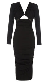 LONG SLEEVED V NECK PLEATED MIDI DRESS IN BLACK DREESES styleofcb