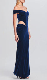 OFF SHOULDER WAIST HOLLOW VELVET MAXI DRESS IN BLUE styleofcb