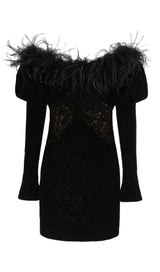 OFF SHOULDER OSTRICH FUR DECORATIVE SLIM-FIT MINI DRESS IN BLACK styleofcb